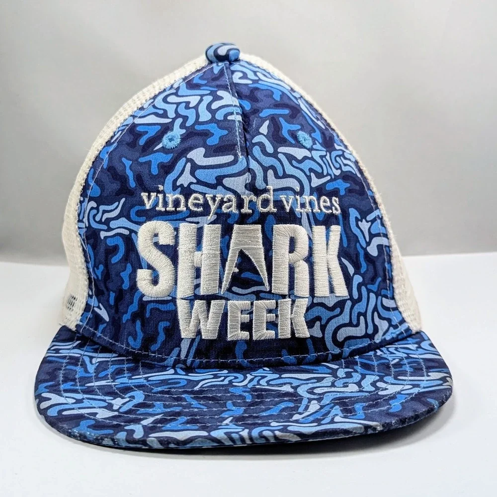 Vineyard Vines Shark Week Blue White Mesh Snap Back Trucker Hat Cap Boys‎ Youth